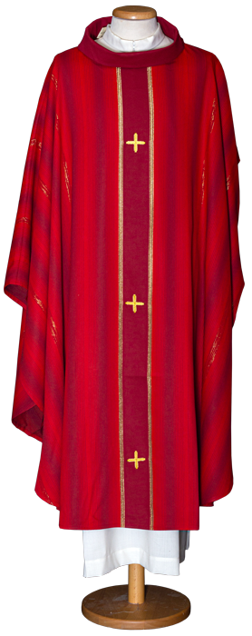 Economical Striped Chasuble in Viscose Blend with Embroidered Crosses – Ring Neck Liturgical Vestment by Gamma
