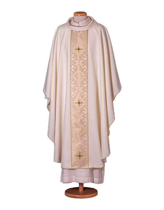 Elegant 100% Polyester Chasuble with Filigree Lampasso Stolon and Embroidered Crosses – Refined Liturgical Vestment