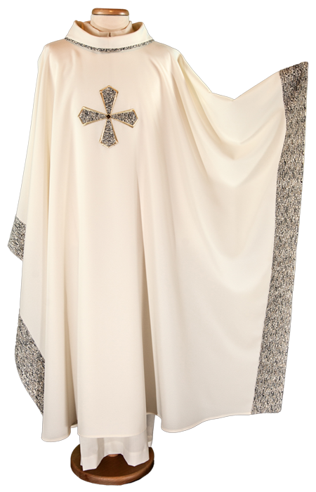 Square-Cut Chasuble in 100% Polyester with Hand-Sewn Cross and Raw Wool Inserts – Elegant Liturgical Vestment for Solemn Celebrations