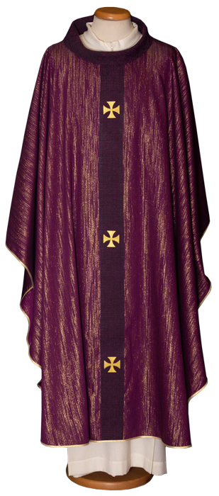 Gold Striped Chasuble with Embroidered Crosses – Elegant Liturgical Vestment in Viscose, Polyester, and Polyamide Blend
