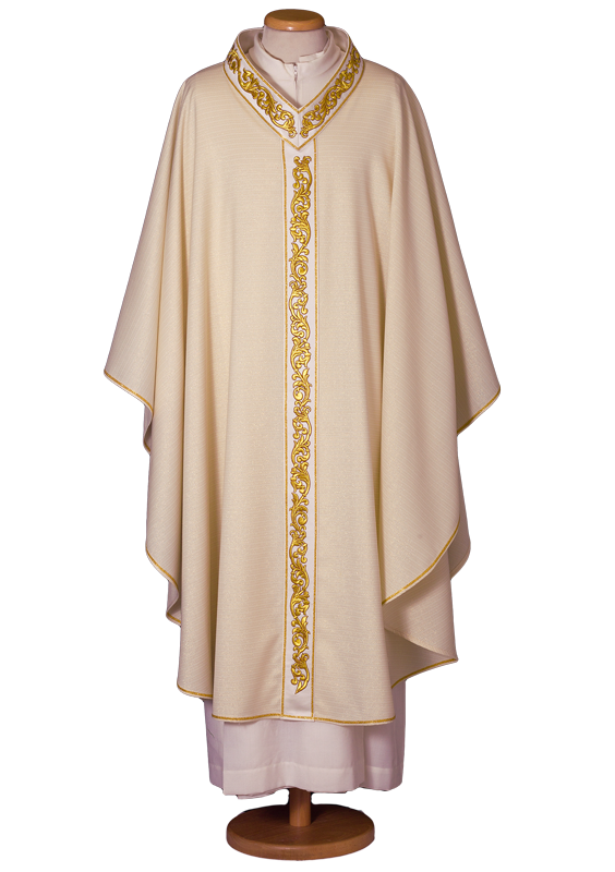 Gold Laminated Chasuble in Lurex Wool with Embroidered Stole and V-Neck – Elegant Liturgical Vestment for Solemn Celebrations