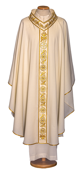 Pure Wool Chasuble with Embroidered V-Neck and Stole – Adorned with Swarovski Stones for Solemn Liturgical Celebrations