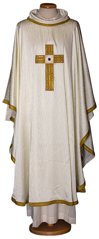 Chasuble in Viscose Acetate with Rain Pattern and Embellished Cross – Elegant Liturgical Vestment with Cowl Neck and Hand-Sewn Stones