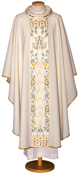 Precious Marian Chasuble in Pure Wool with Silver and Blue Embroidered Stolon – Elegant Liturgical Vestment