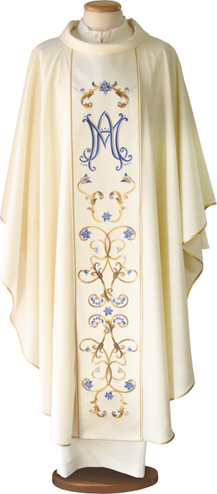 Marian Chasuble in Pure Wool with Embroidered Stolon – Elegant Liturgical Vestment with Silver and Blue Accents for Marian Celebrations