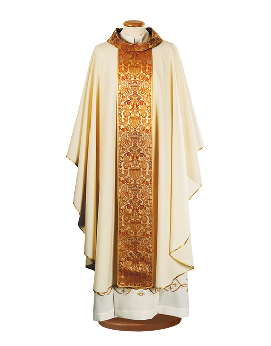 Pure Wool Chasuble with Gold Brocade Stole and Collar – Elegant Liturgical Vestment for Solemn Celebrations