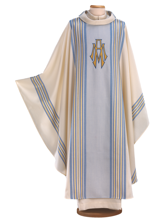 Marian Chasuble in Pure Wool with Gold-Laminated and Blue Gradient Fabric – Embroidered “Ave Maria” Symbol for Liturgical Celebrations