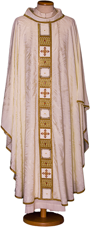 Radiant Elegance Chasuble – Artistic Liturgical Vestment with Gold Trimmings and Swarovski Accents