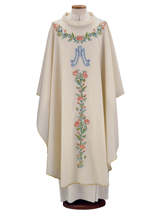 Pure Wool Marian Chasuble – Embroidered Liturgical Vestment with Hail Mary Symbol and Floral Motifs