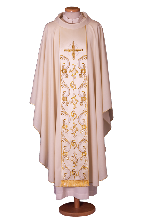 Traditional Chasuble in Pure Wool with Classic Embroidered Stole and Gold Fringe – Elegant Vestment for Solemn Liturgical Celebrations