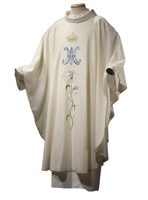 Marian Chasuble in Pure Wool – Embroidered Liturgical Vestment with Cowl Neck and Stole for Devotion to the Blessed Virgin