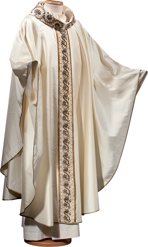 Hand-Embroidered Pure Silk Chasuble – Italian Liturgical Vestment with Stone-Embellished Stole and Collar