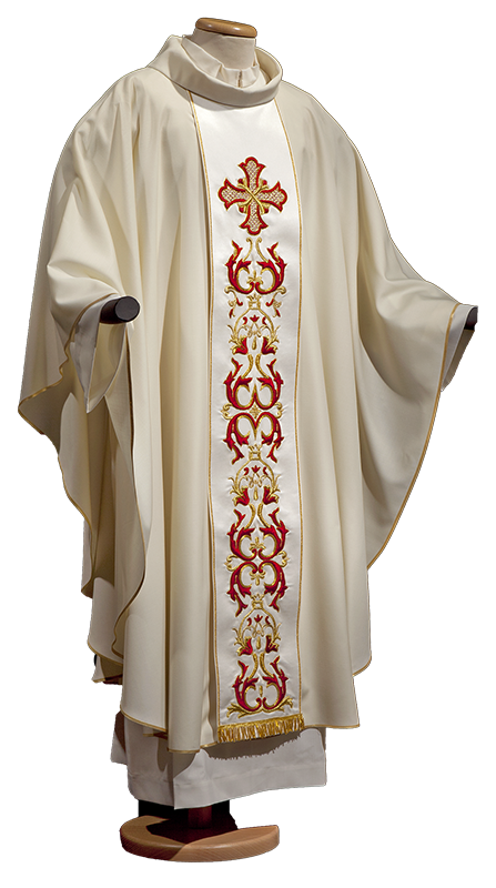 Hand-Embroidered Pure Wool Chasuble with Gold Fringe Stole – Traditional Liturgical Vestment with Ring Collar