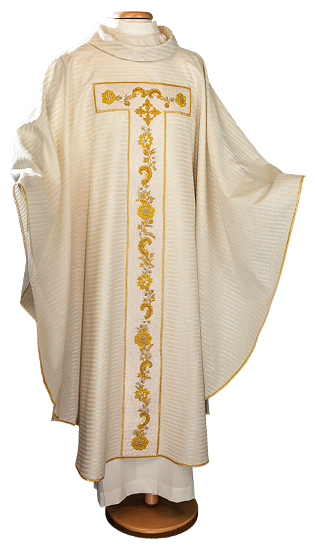 Striped Raw Wool Lurex Chasuble with Hand-Embroidered T-Stole – Italian-Made Liturgical Vestment with Cowl Neck