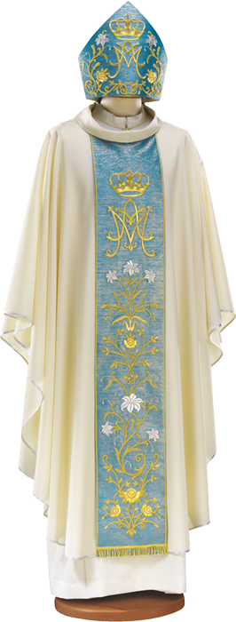 Marian Chasuble in Pure Wool – Italian-Made with Hand-Embroidered Light Blue Stole, Gold Lamination & Bullion Fringe