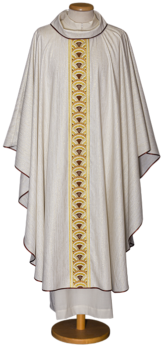 Gold Striped Chasuble in Polyester and Viscose with Embroidered Stole – Elegant Liturgical Vestment with Cowl Neck and Metallic Accents