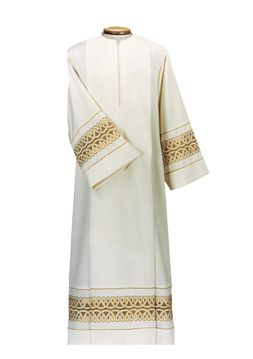 Wool and Polyester Alb with Korean Collar and Gold Embroidered Flounce – Elegant Liturgical Vestment with Central Zip for Catholic Clergy