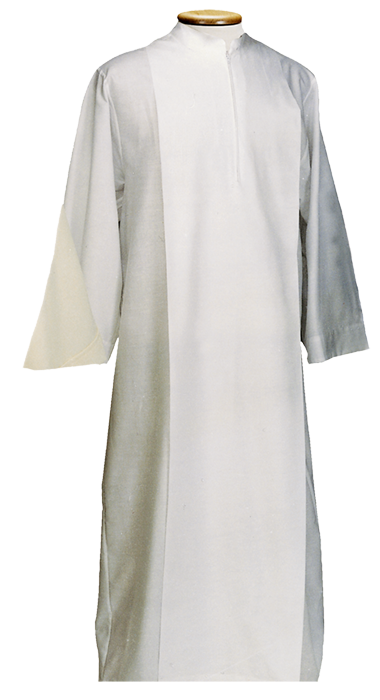 Economical White Alb in Polyester and Cotton – Korean Collar with Zipper and Center Pleat for Comfort and Functionality