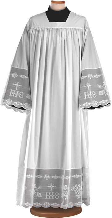 Gathered Alb in Polyester and Cotton with Square Collar and Embroidered Cotton Lace – Traditional Liturgical Vestment for Clergy