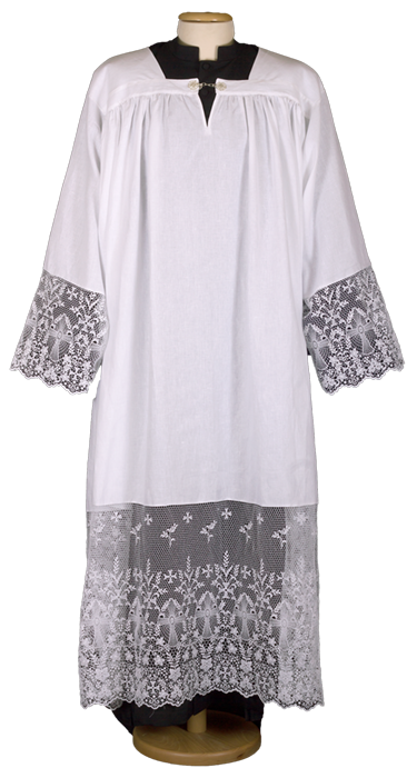 Pure Linen Alb with Embroidered Rochet and Silver Hook – Elegant Liturgical Garment for Solemn Catholic Celebrations