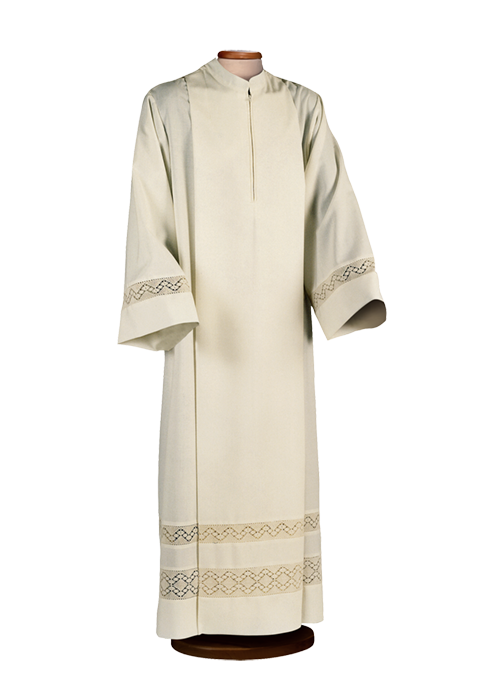 Polyester and Wool Alb with Korean Collar, Central Zip, and Cotton Trim – Elegant Liturgical Vestment with Pleated Design