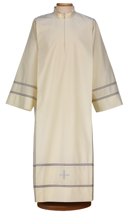 Polyester and Cotton Alb with Mandarin Collar and Central Zip – Elegant Liturgical Garment with Embroidered Crosses and Gigliuccio Detail
