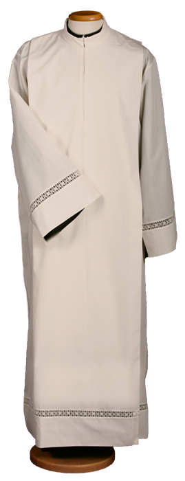 Polyester and Cotton Liturgical Smock with Korean Collar and Macramé Border – Comfortable and Refined Vestment with Central Zip