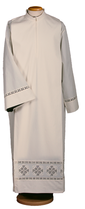 Polyester and Cotton Liturgical Smock with Macramé Trim and Korean Collar – Comfortable and Refined Vestment with Central Zip