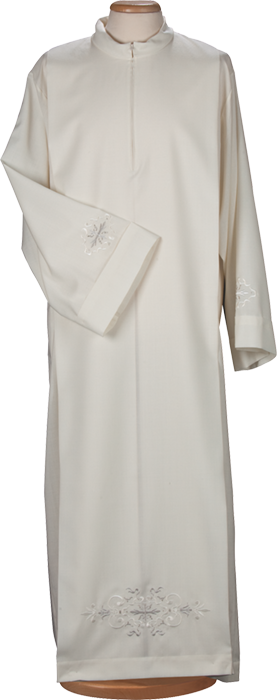 Polyester and Cotton Alb with Korean Collar and Central Zip – Comfortable and Elegant Liturgical Vestment with Delicate Embroidery