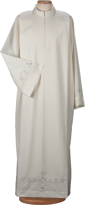 Polyester and Cotton Alb with Korean Collar and Central Zip – Elegant Embroidered Liturgical Garment for Comfort and Style