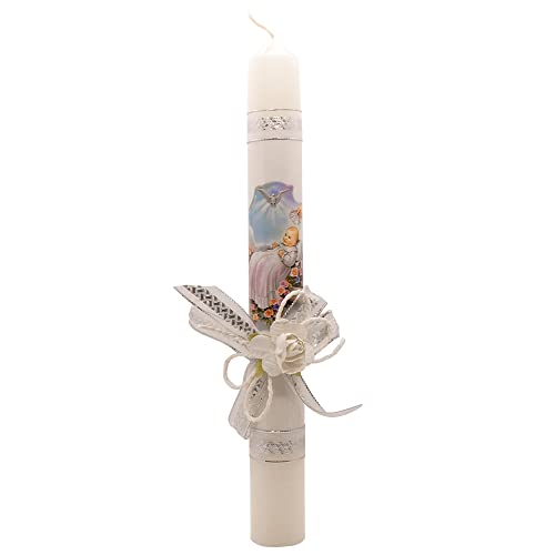 12" Baptism Paschal Candle Keepsake | Great Catholic Gift for Baptism or New Baby | Blue, Pink, or White Rose with Silver-Tone Accent Ribbons | Religious Easter Tradition