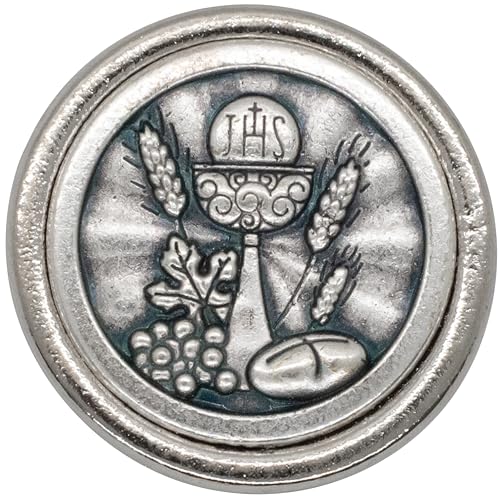 Round First Holy Communion Pin with Prayer Card | Great Catholic Gift for First Eucharist Celebration | Features Chalice, Bread, and Grapes | Made in Italy
