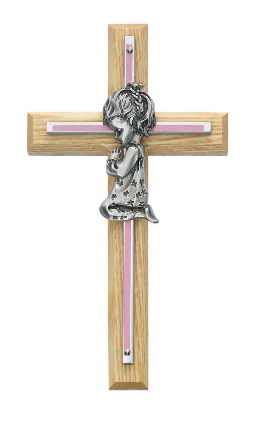 7in Oak with Baby Pink Girl Praying Cross Boxed