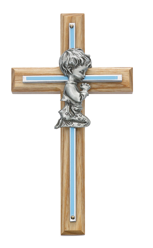 7in Oak with Blue Baby Boy Praying Cross Boxed