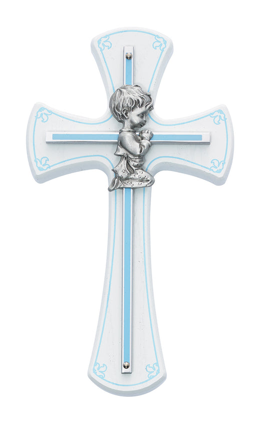 7in White and Blue Baby Boy Praying Cross