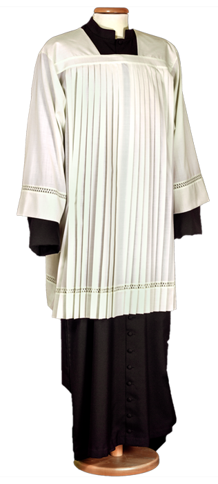 Pleated Surplice in Polyester and Wool with Square Collar and Embroidered Lily Trim – Elegant Liturgical Garment for Catholic Clergy