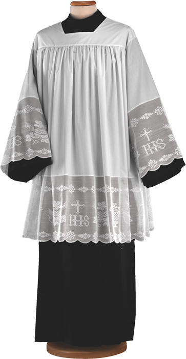 Gathered Surplice in Polyester and Cotton with Square Neck and Embroidered Cotton Lace – Traditional Liturgical Vestment