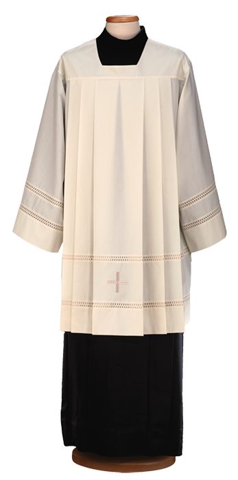 Polyester and Wool Alb with Mandarin Collar, Embroidered Crosses, and Gigliuccio Trim – Elegant and Symbolic Liturgical Vestment