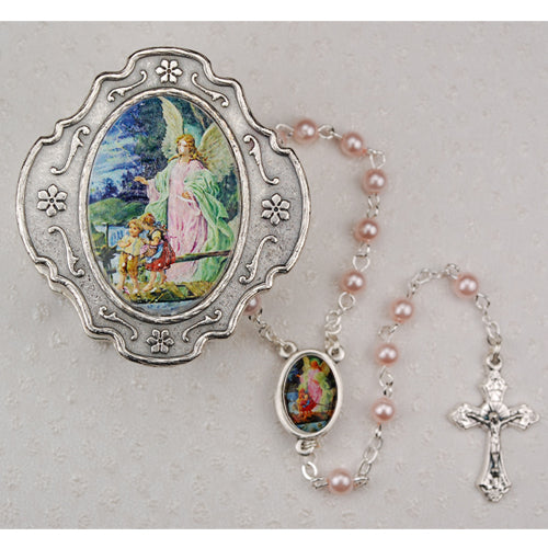 GUARDIAN ANGEL PINK ROSARY WITH BOX