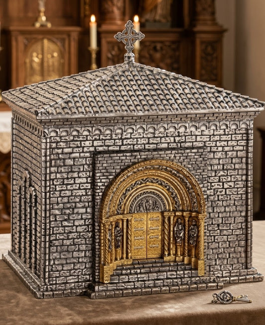 Exquisite Spanish Cathedral Tabernacle - Silver and Gold Romanesque Design with Key | 28" x 25-1/2" x 19-1/4" | Romanesque Ornamentation