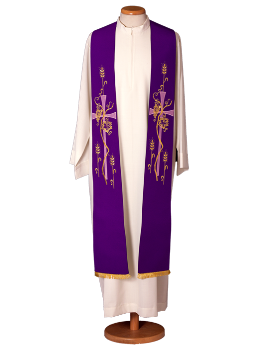 100% Polyester Liturgical Stole with Machine Embroidery and Rebour Fringe – Elegant and Simple Vestment for Refined Celebrations