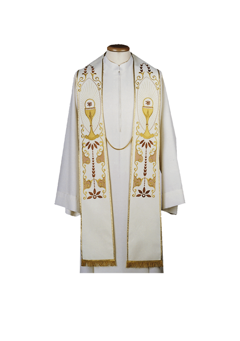 100% Polyester Clergy Stole with Machine Embroidery and Rebour Fringe – Elegant Liturgical Vestment for Simple Celebrations