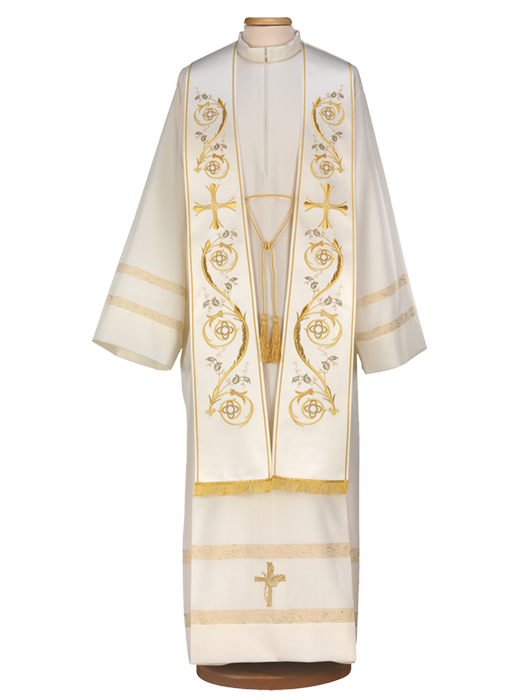 Polyester Satin Liturgical Stole with Multicolor Embroidery and Gold Fringe – Elegant and Refined Vestment for Solemn Celebrations