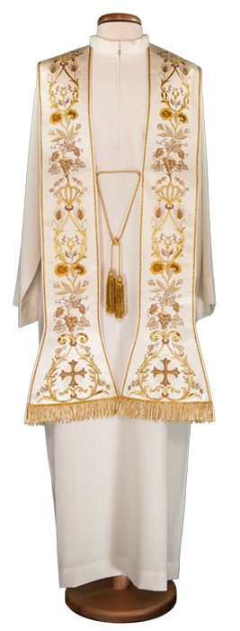 Precious Roman Stole in Polyester Satin – Embroidered with Metallic Threads and Bullion Fringe for Liturgical Use
