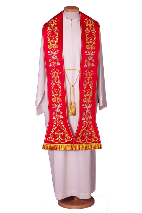 Precious Roman Stole in Polyester Satin – Embroidered with Metallic Threads and Bullion Fringe for Liturgical Use