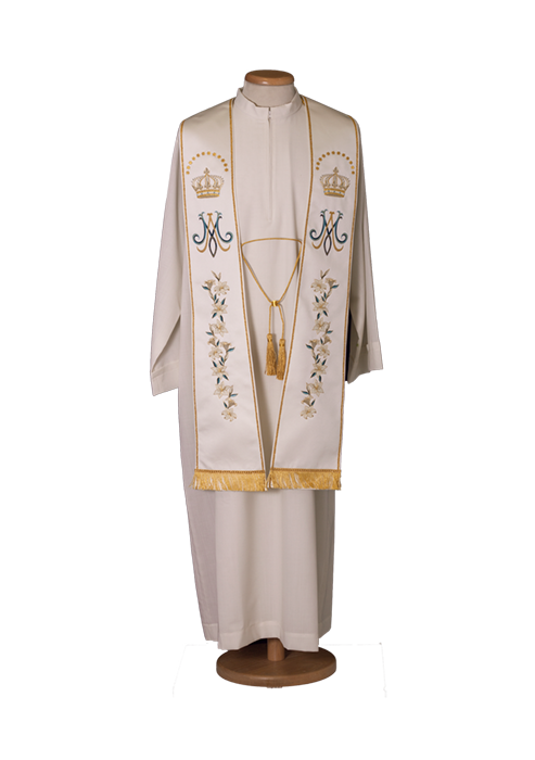 Marian Stole in Fine Polyester Satin with Metallic Embroidery and Rebour Bow – Elegant Liturgical Vestment with Fringe