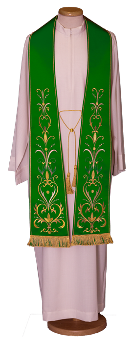 Polyester Satin Liturgical Stole with Multicolor Embroidery, Fringe, and Gold Bow – Elegant Vestment for Prayer and Solemn Celebrations