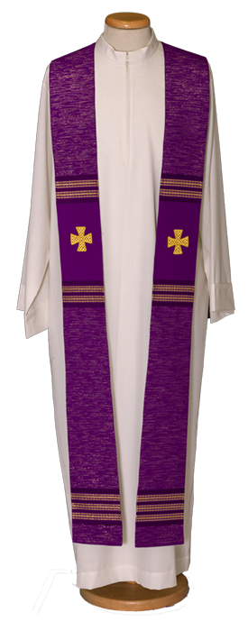 Wool, Acrylic, and Lurex Liturgical Stole with Gold Accents – Embroidered Cross Vestment with Textured Fabric for Church Celebrations