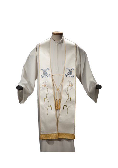 Marian Stole in Fine Polyester Satin with Metallic Embroidery, Fringe, and Rebour Bow – Elegant Liturgical Vestment