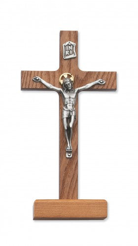 8" WALNUT STAIN STANDING CRUCIFIX